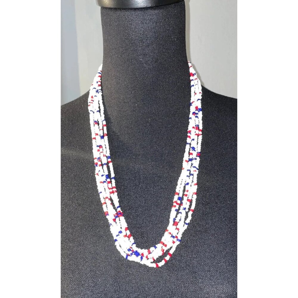 Vintage Red White & Blue Beaded Necklace 6 Strand 25” Long Statement Patriotic - Picture 4 of 10